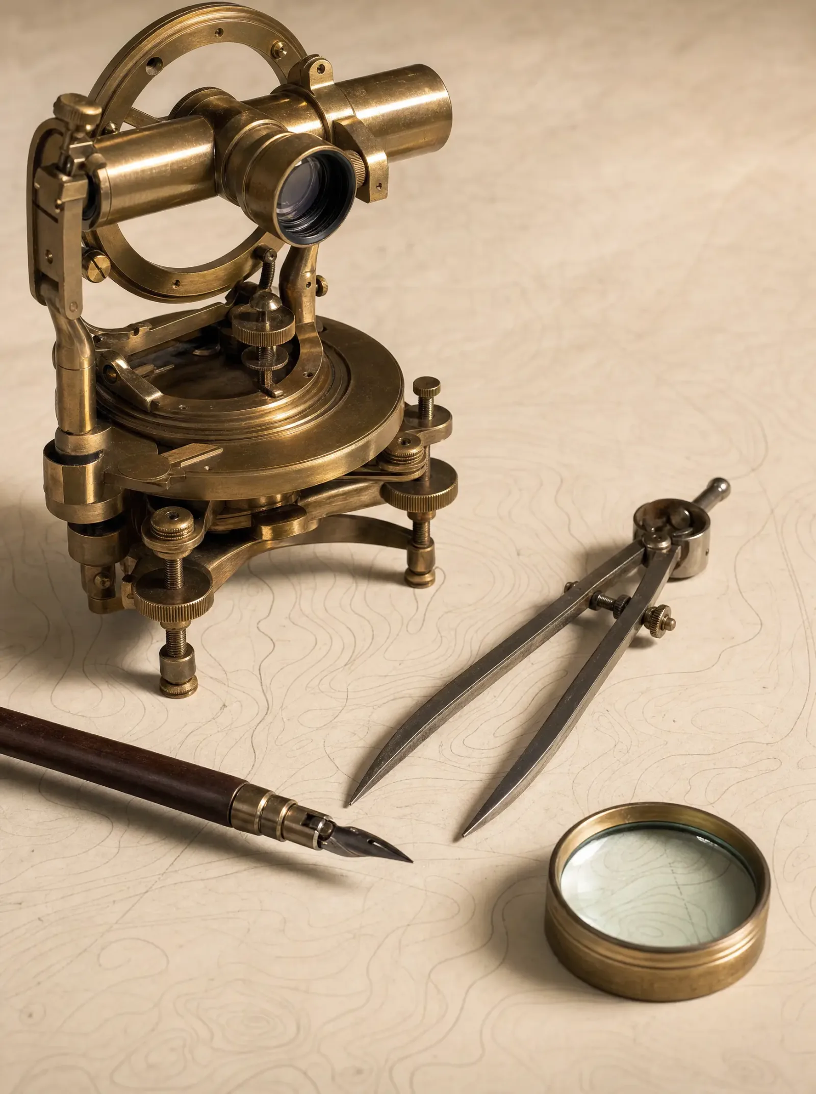 Still life of surveying instruments on cream map paper: brass theodolite, drafting compass, ruling pen and magnifying loupe over faint contour lines