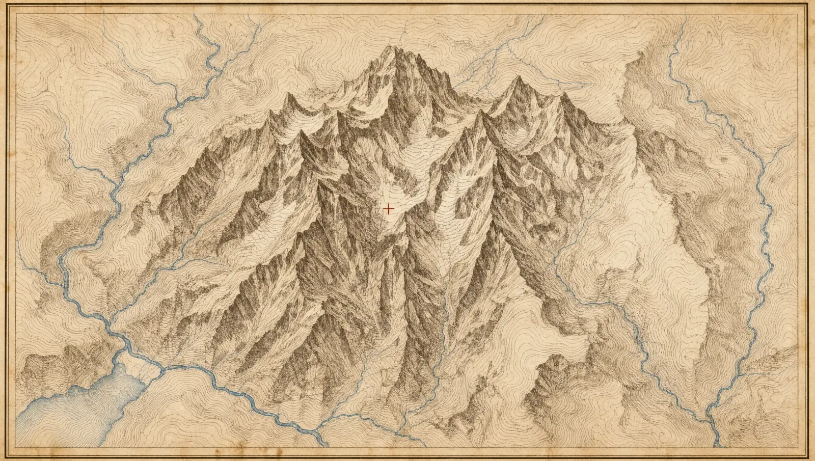 Vintage engraved topographic map of a mountain range: fine brown contour lines on cream paper with a single red survey benchmark cross and blue river threads